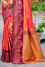 Sangam Prints Coral Orange Soft Silk Woven Work Traditional Saree | Grocsy