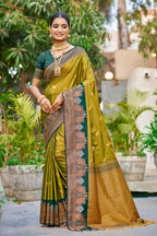 Sangam Prints Olive Green Soft Silk Woven Work Traditional Saree | Grocsy