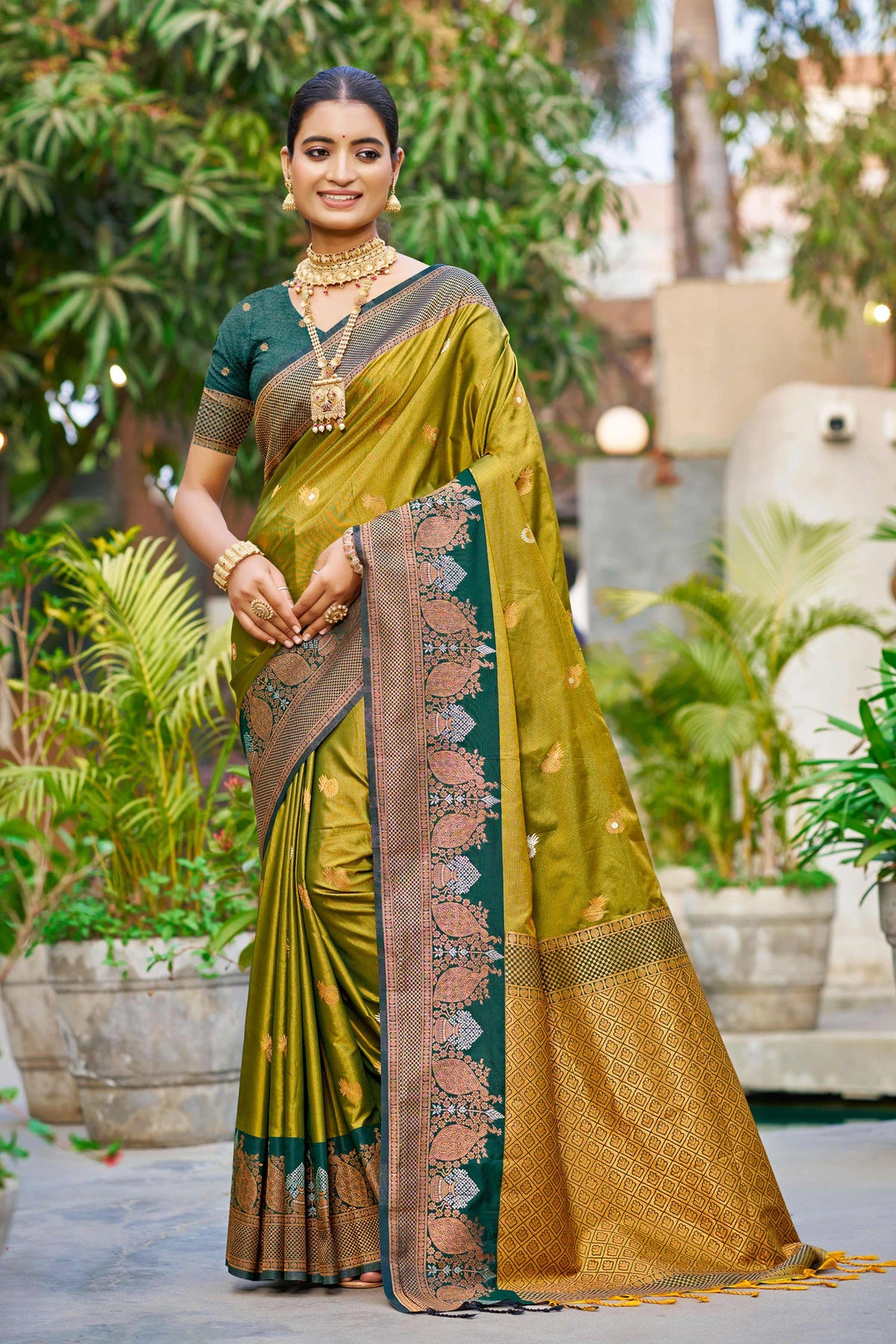 Sangam Prints Olive Green Soft Silk Woven Work Traditional Saree | Grocsy