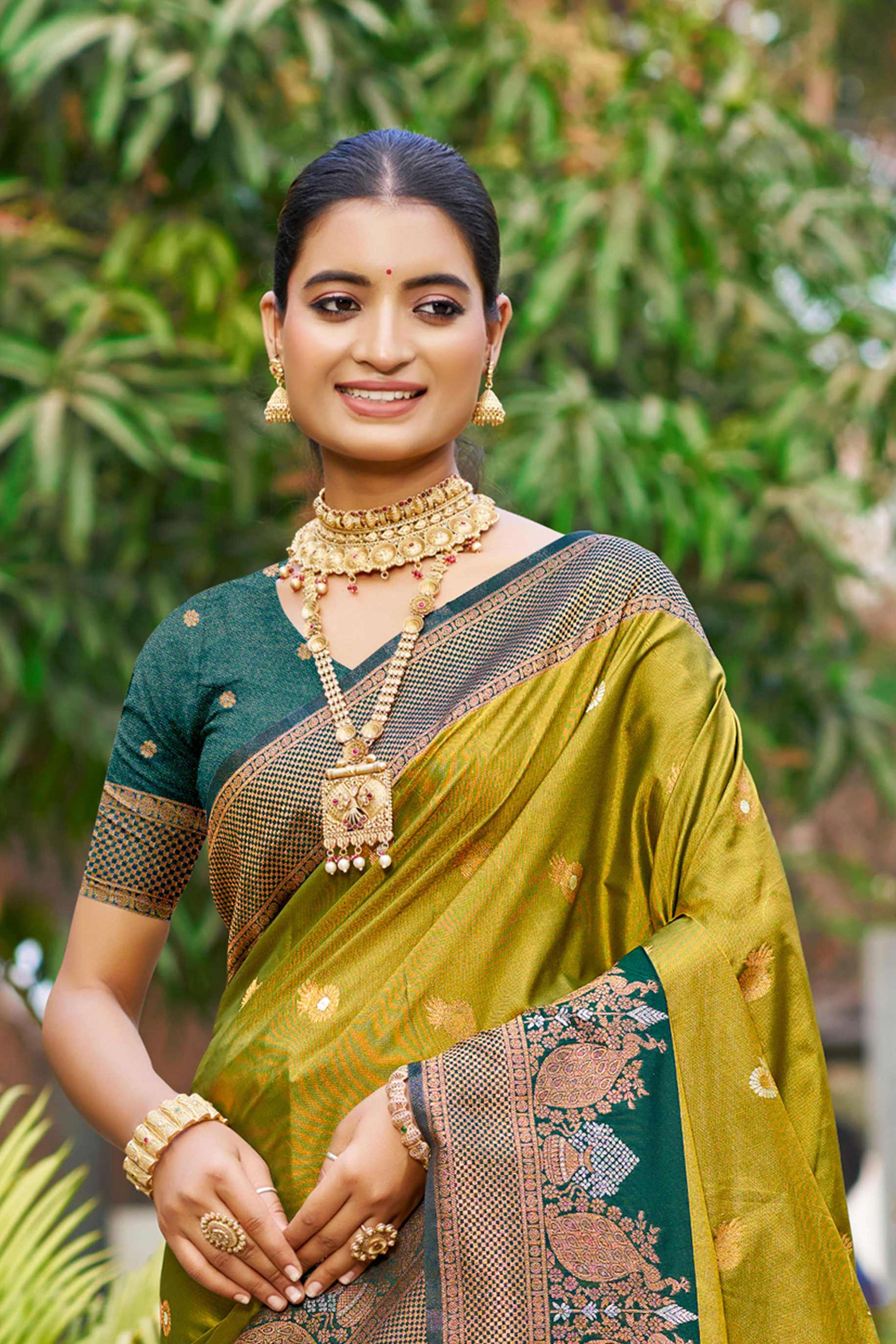 Sangam Prints Olive Green Soft Silk Woven Work Traditional Saree | Grocsy