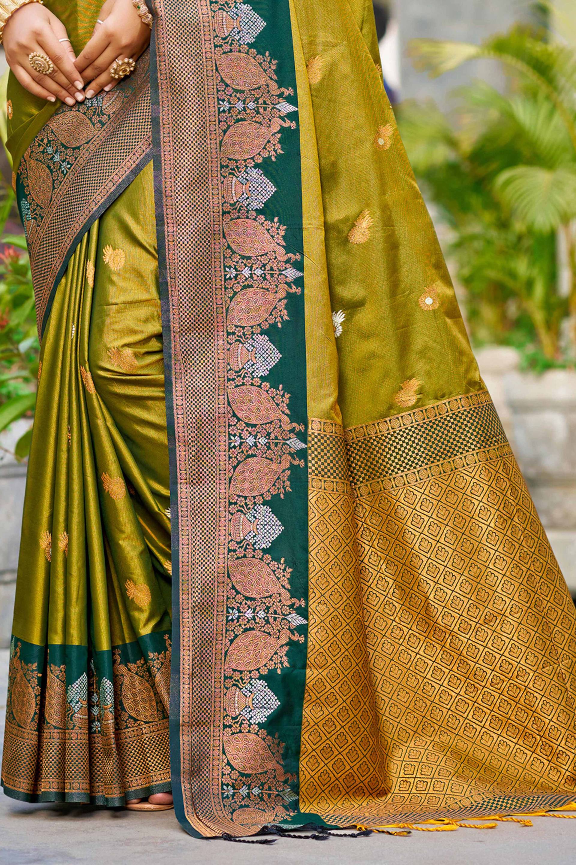 Sangam Prints Olive Green Soft Silk Woven Work Traditional Saree | Grocsy