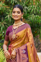 Sangam Prints Copper Gold Soft Silk Woven Work Traditional Saree | Grocsy