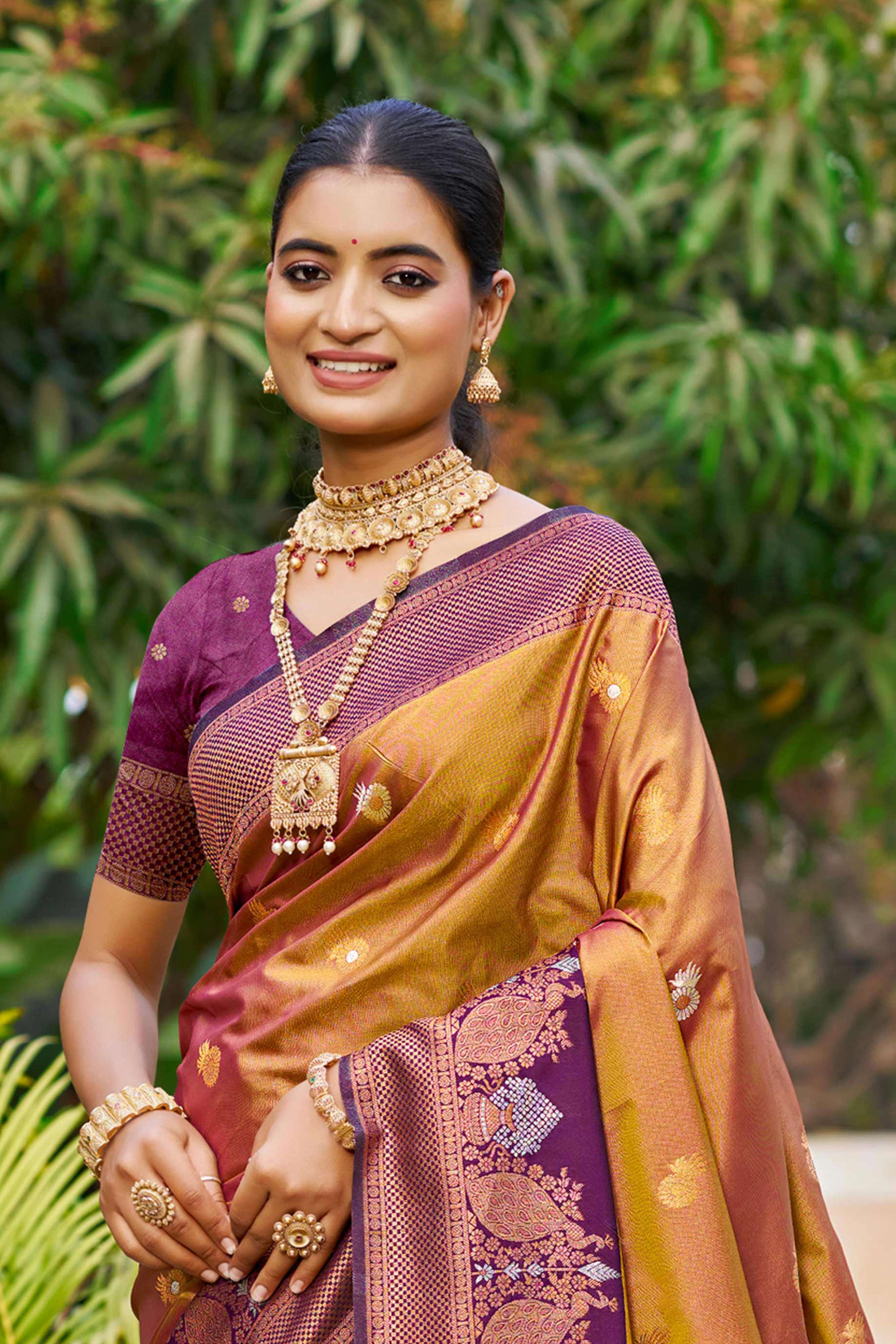 Sangam Prints Copper Gold Soft Silk Woven Work Traditional Saree | Grocsy