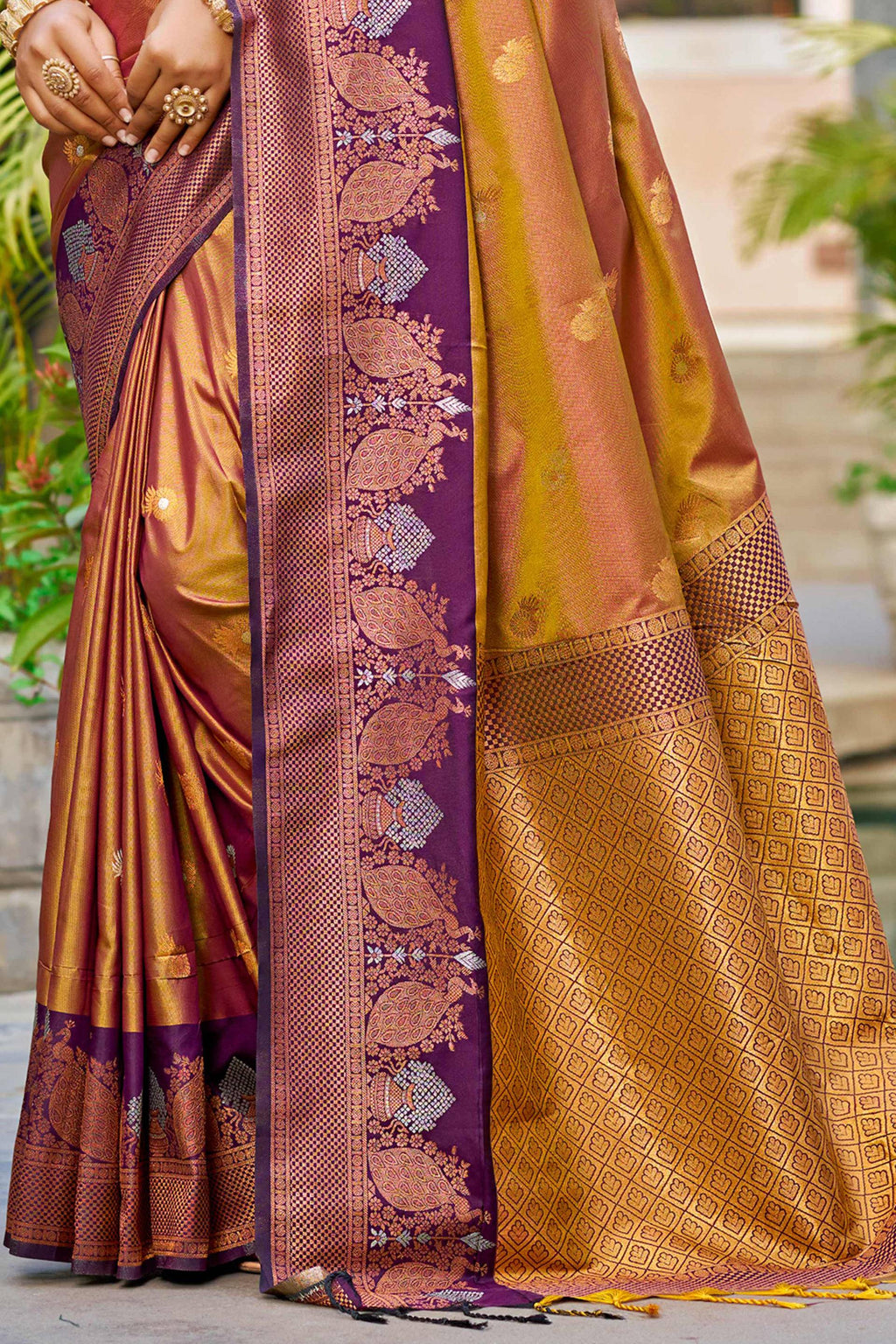 Sangam Prints Copper Gold Soft Silk Woven Work Traditional Saree | Grocsy