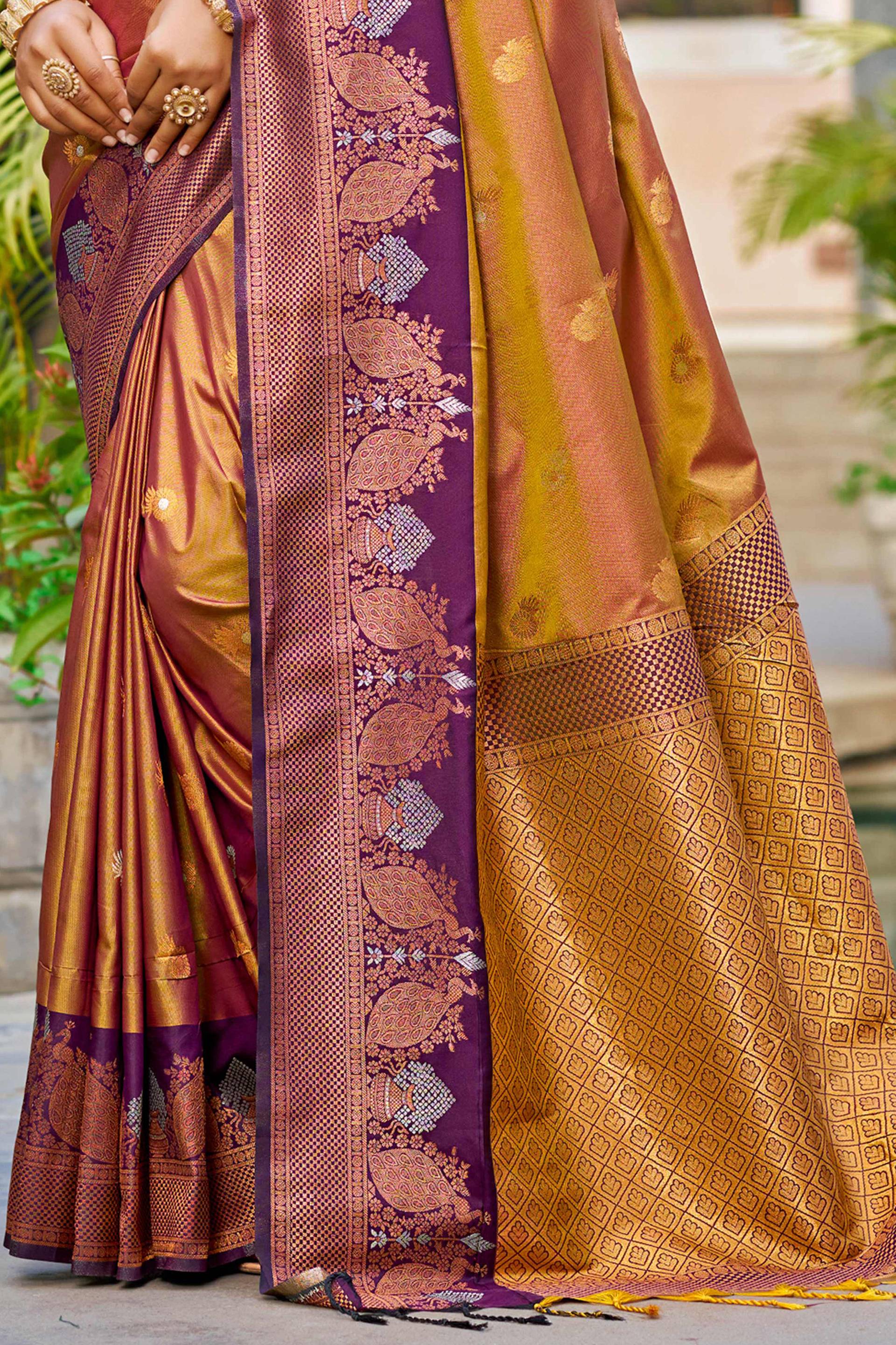 Sangam Prints Copper Gold Soft Silk Woven Work Traditional Saree | Grocsy