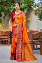 Sangam Prints Saffron Orange Soft Silk Woven Work Traditional Saree | Grocsy