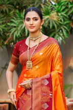 Sangam Prints Saffron Orange Soft Silk Woven Work Traditional Saree | Grocsy
