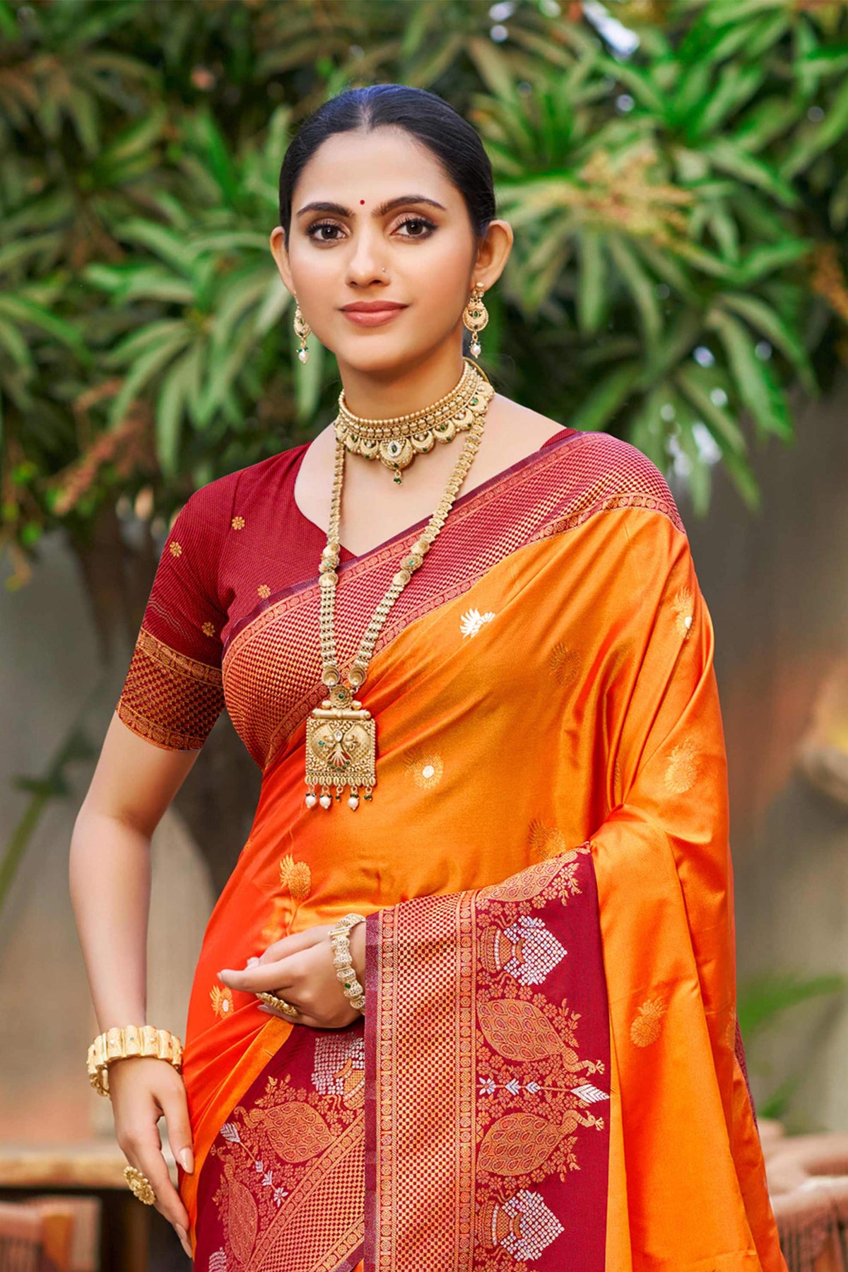 Sangam Prints Saffron Orange Soft Silk Woven Work Traditional Saree | Grocsy