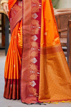 Sangam Prints Saffron Orange Soft Silk Woven Work Traditional Saree | Grocsy