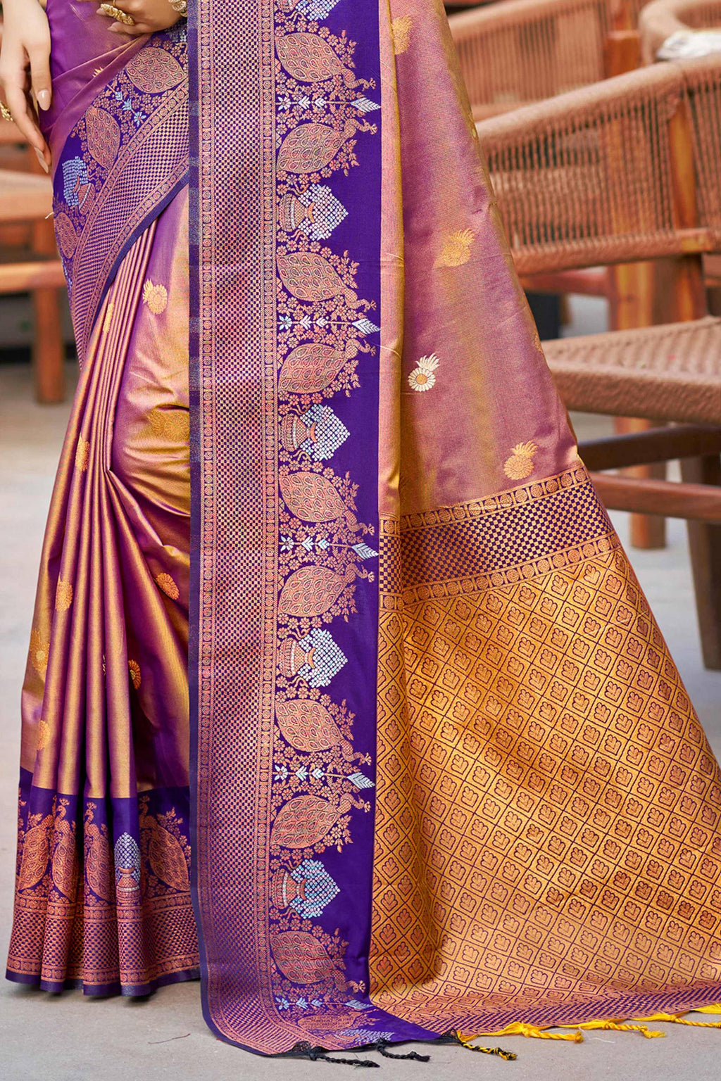 Sangam Prints Rose Gold Soft Silk Woven Work Traditional Saree | Grocsy