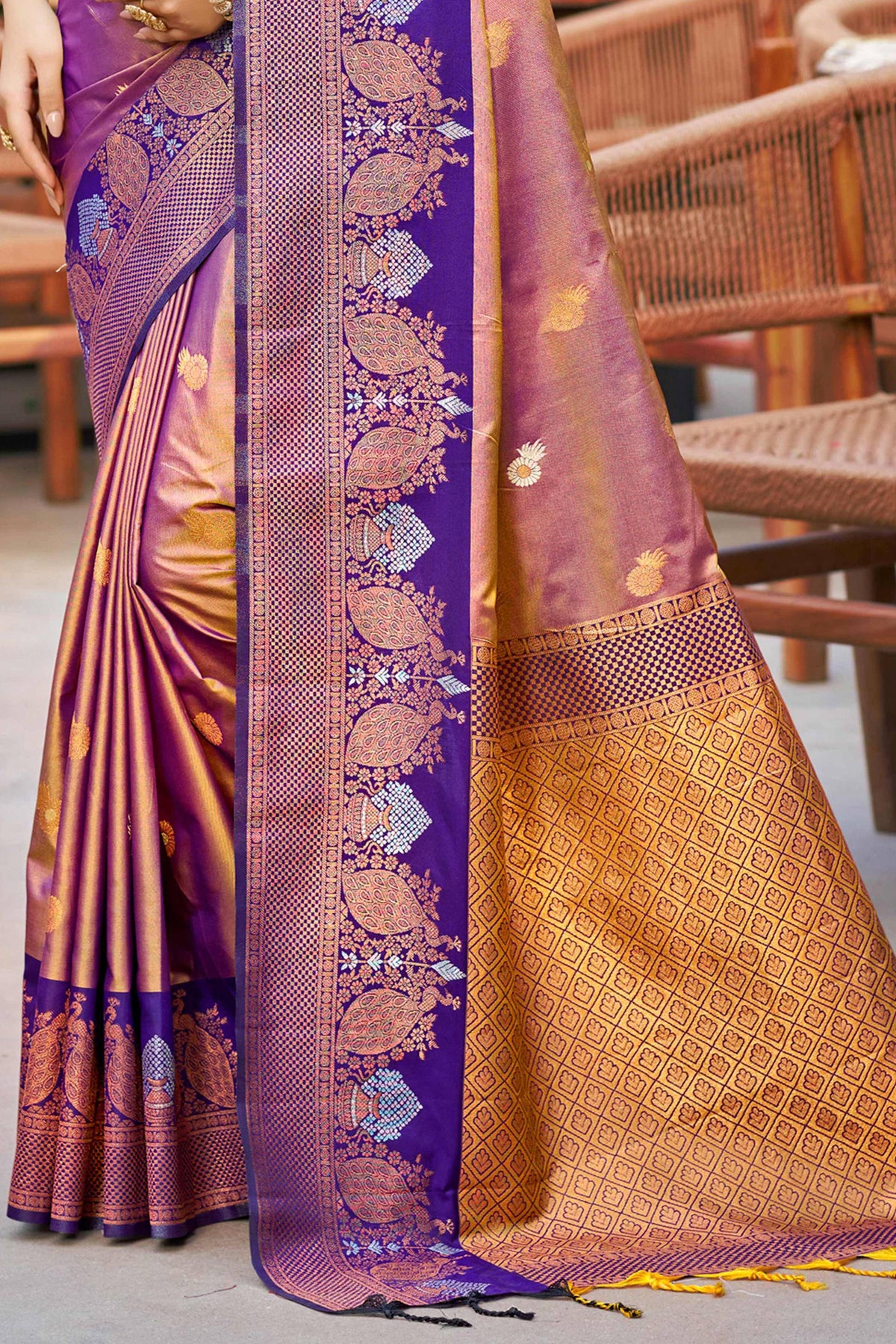Sangam Prints Rose Gold Soft Silk Woven Work Traditional Saree | Grocsy