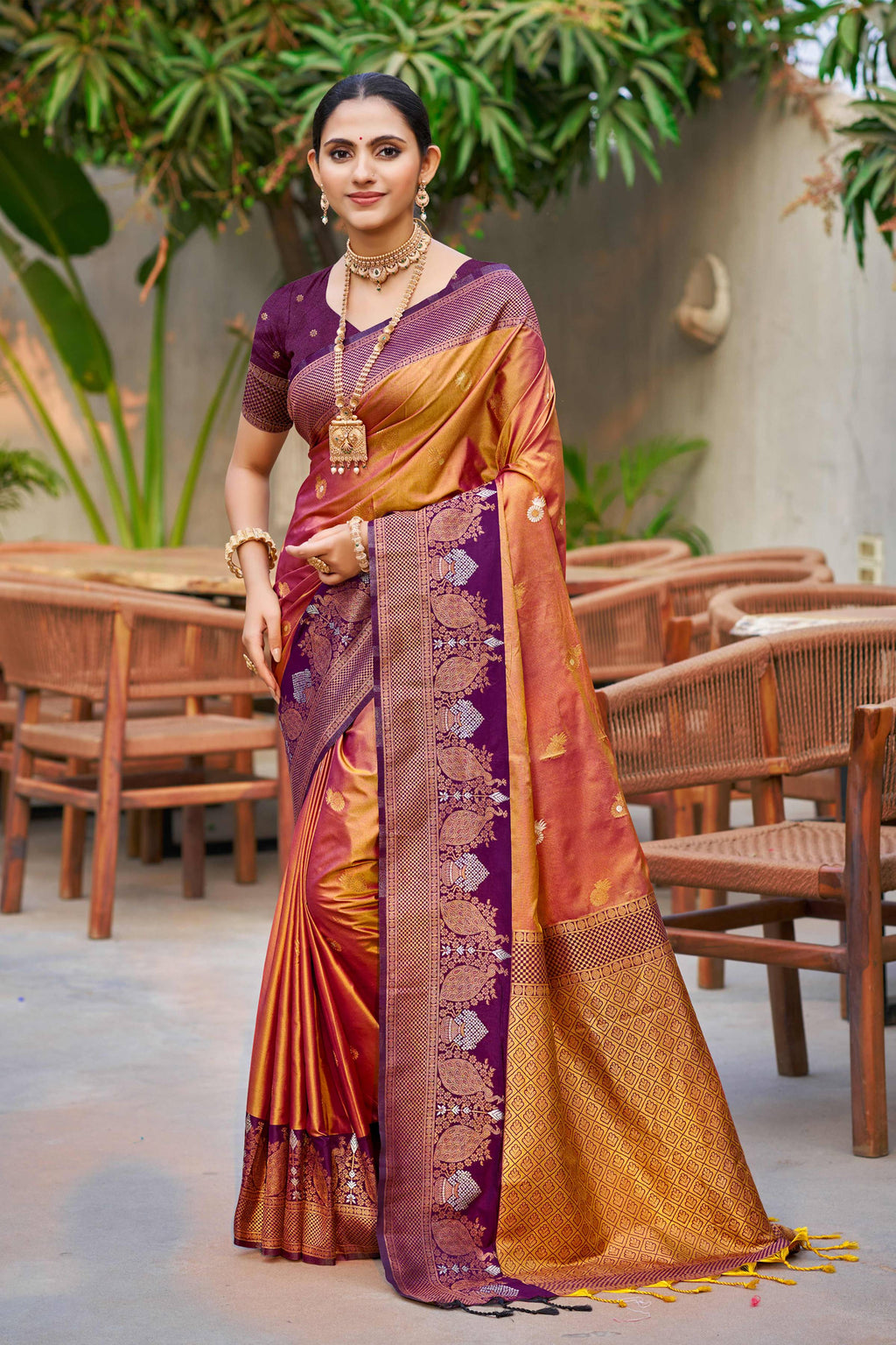 Sangam Prints Copper Gold Soft Silk Woven Work Traditional Saree | Grocsy