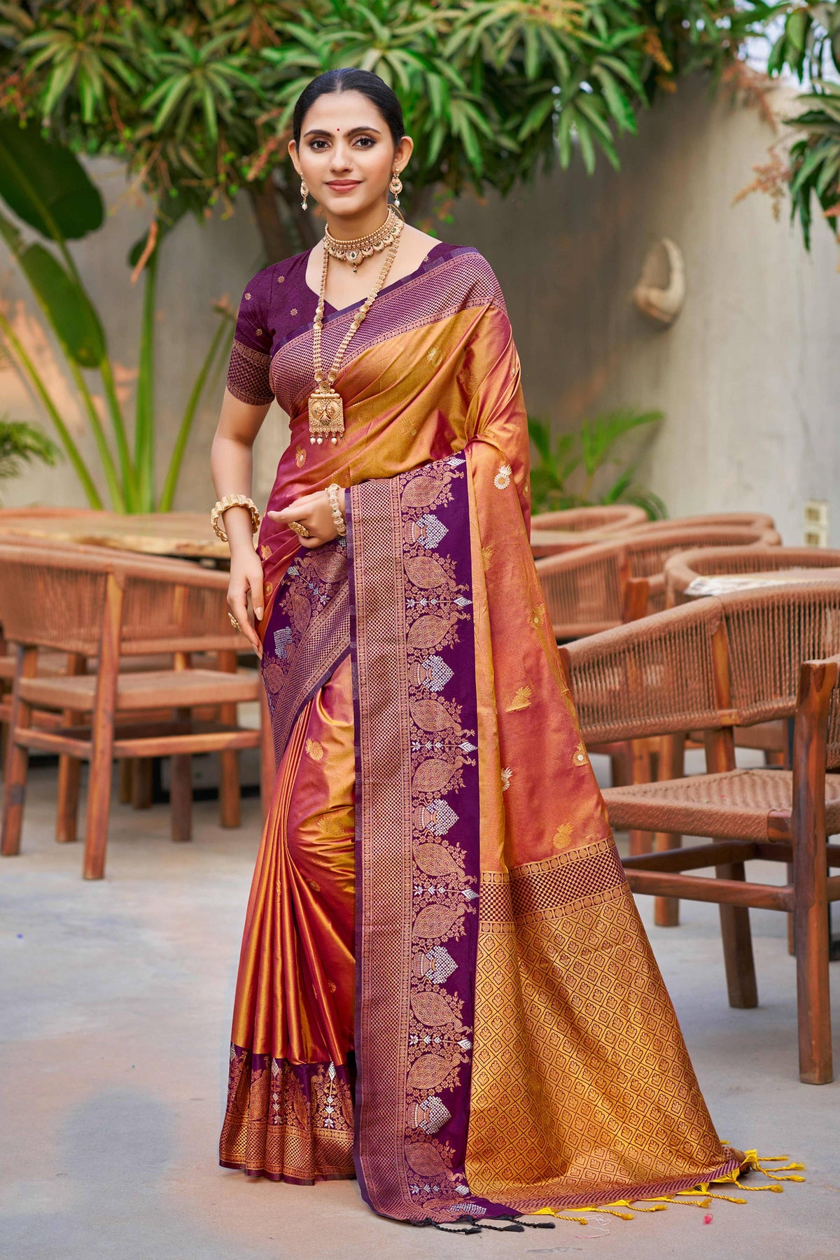 Sangam Prints Copper Gold Soft Silk Woven Work Traditional Saree | Grocsy