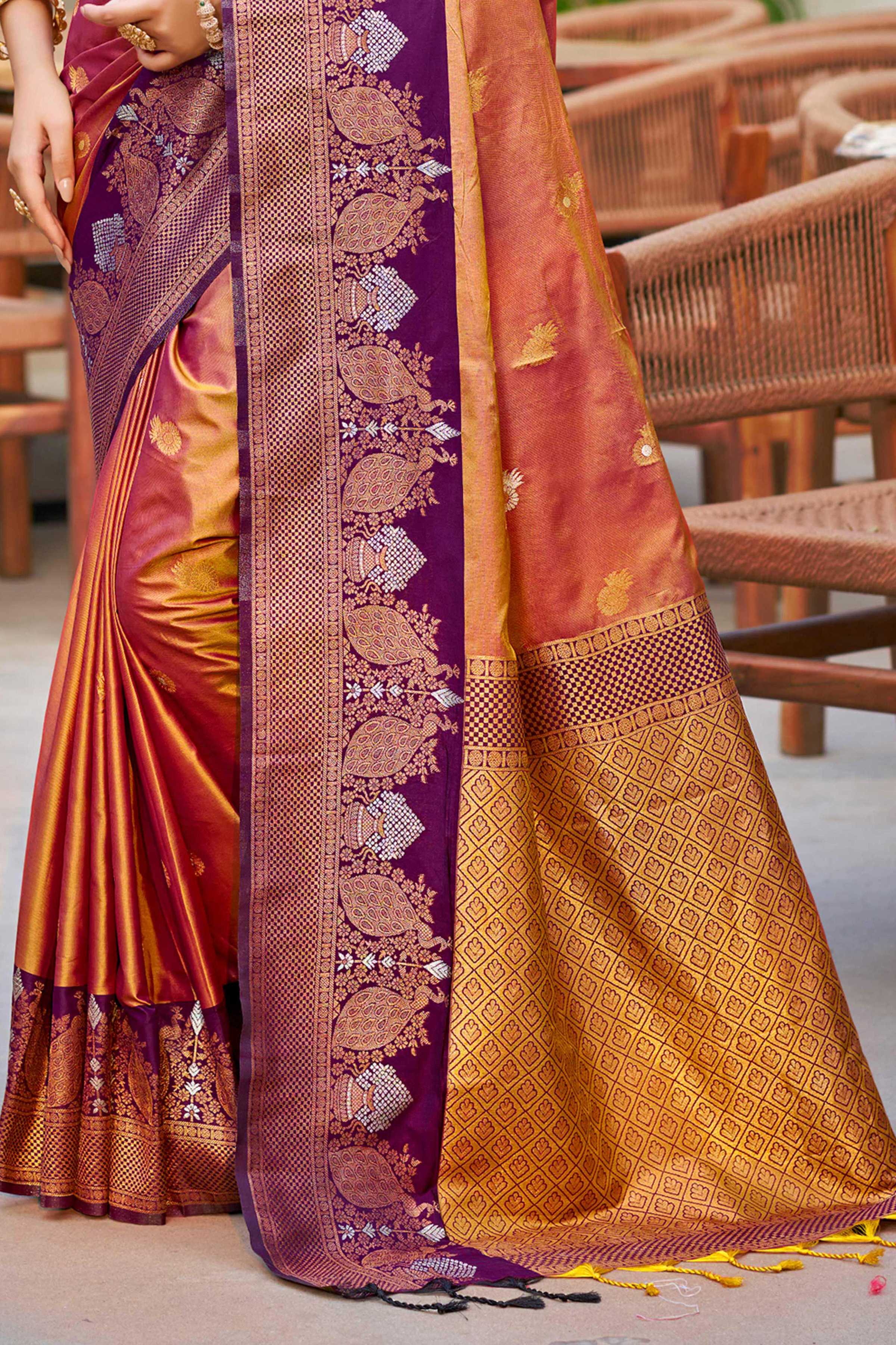 Sangam Prints Copper Gold Soft Silk Woven Work Traditional Saree | Grocsy