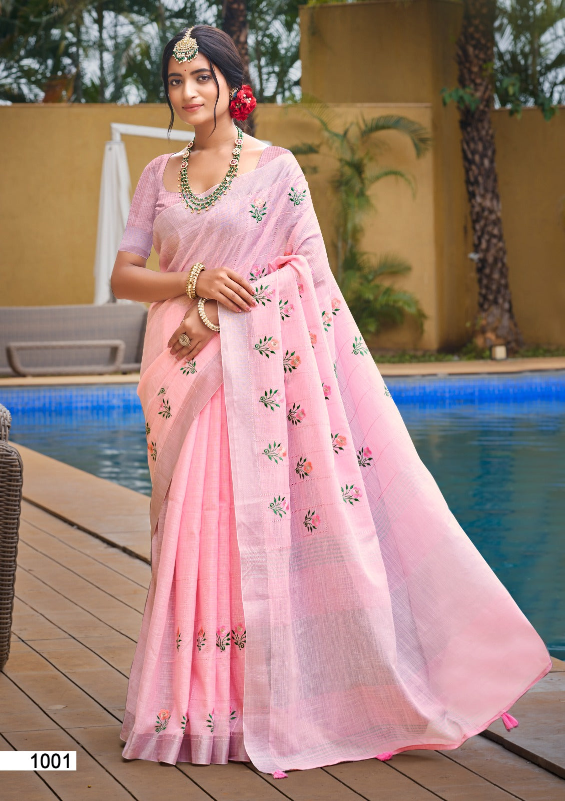 Prazu Fashion Baby Pink Linen Cotton Weaving Wedding Wear Saree | Grocsy