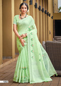 Prazu Fashion Mint Green Linen Cotton Weaving Wedding Wear Saree | Grocsy