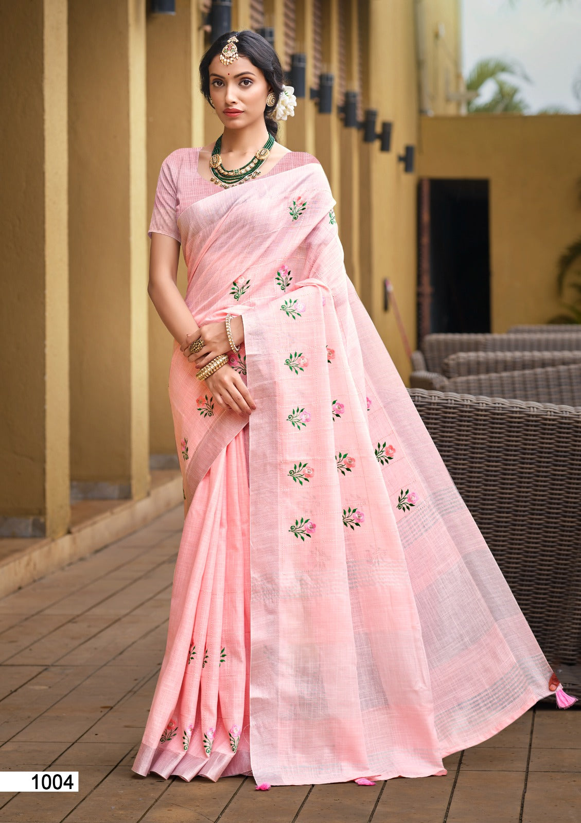 Prazu Fashion Baby Pink Linen Cotton Weaving Wedding Wear Saree | Grocsy
