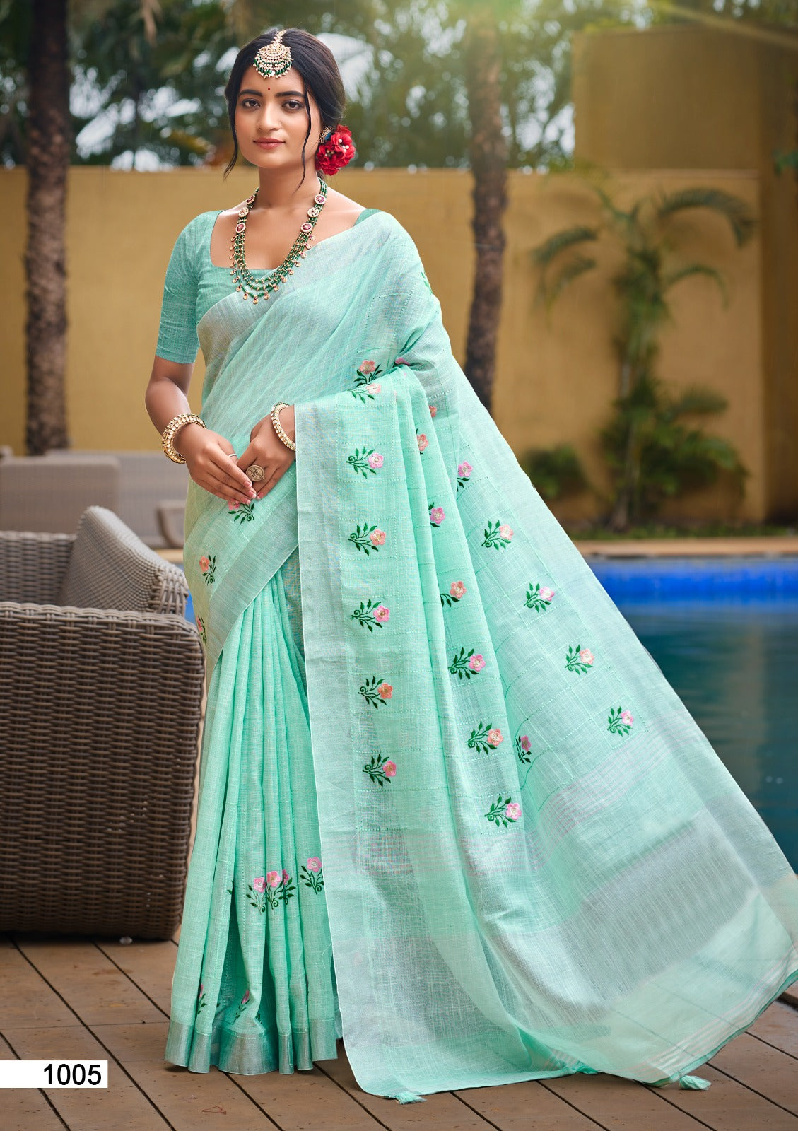 Prazu Fashion Light Sky Blue Linen Cotton Weaving Wedding Wear Saree | Grocsy
