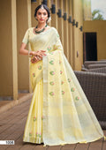 Prazu Fashion Light Yellow Linen Cotton Weaving Wedding Wear Saree | Grocsy