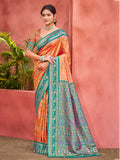 Sangam Prints Light Orange Kanjivaram Silk Woven Work Traditional Saree | Grocsy