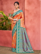 Sangam Prints Light Orange Kanjivaram Silk Woven Work Traditional Saree | Grocsy