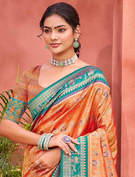 Sangam Prints Light Orange Kanjivaram Silk Woven Work Traditional Saree | Grocsy