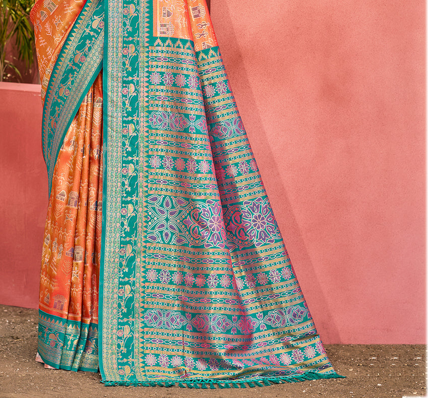 Sangam Prints Light Orange Kanjivaram Silk Woven Work Traditional Saree | Grocsy