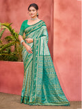 Sangam Prints Teal  Kanjivaram Silk Woven Work Traditional Saree | Grocsy
