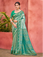 Sangam Prints Teal  Kanjivaram Silk Woven Work Traditional Saree | Grocsy