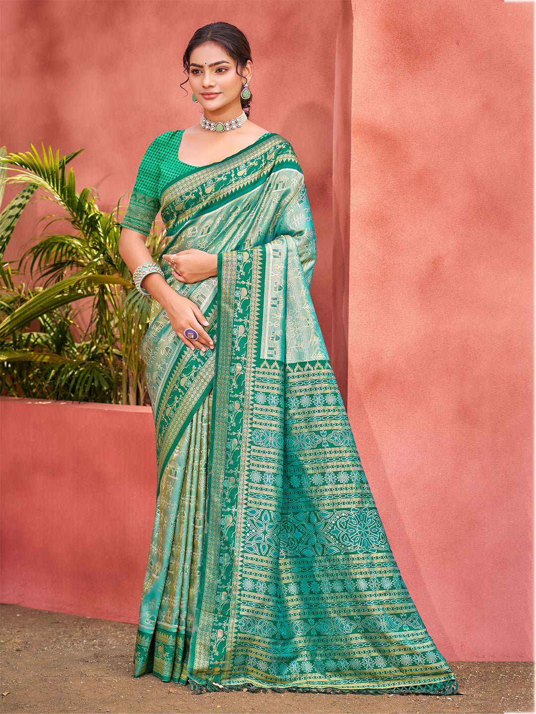 Sangam Prints Teal  Kanjivaram Silk Woven Work Traditional Saree | Grocsy