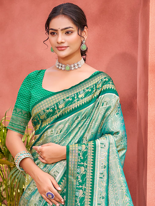 Sangam Prints Teal  Kanjivaram Silk Woven Work Traditional Saree | Grocsy