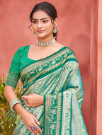 Sangam Prints Teal  Kanjivaram Silk Woven Work Traditional Saree | Grocsy