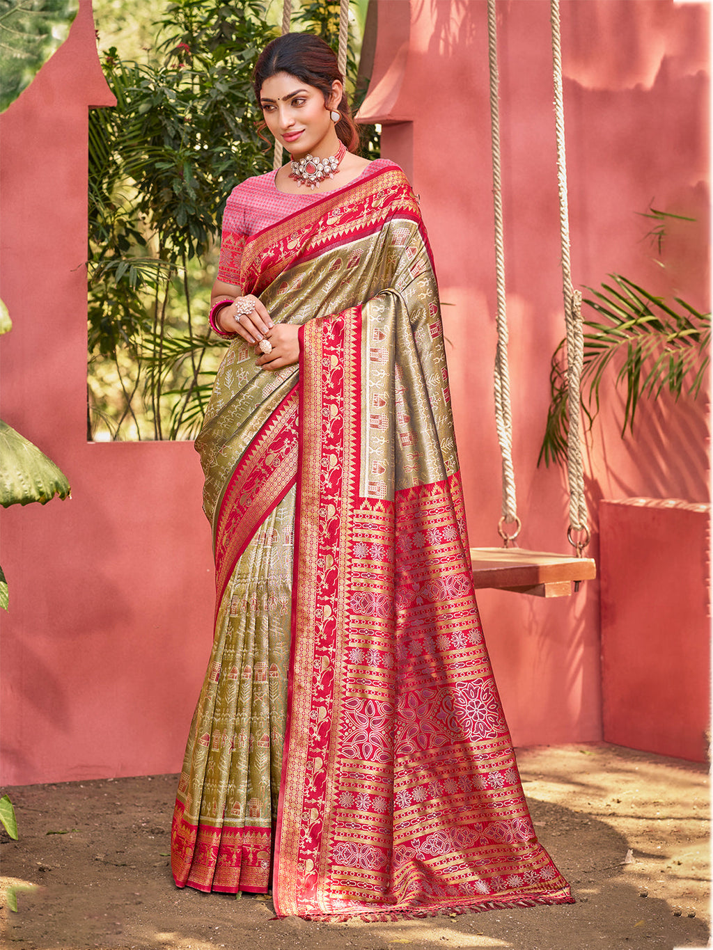 Sangam Prints Olive Green Kanjivaram Silk Woven Work Traditional Saree | Grocsy