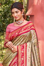 Sangam Prints Olive Green Kanjivaram Silk Woven Work Traditional Saree | Grocsy