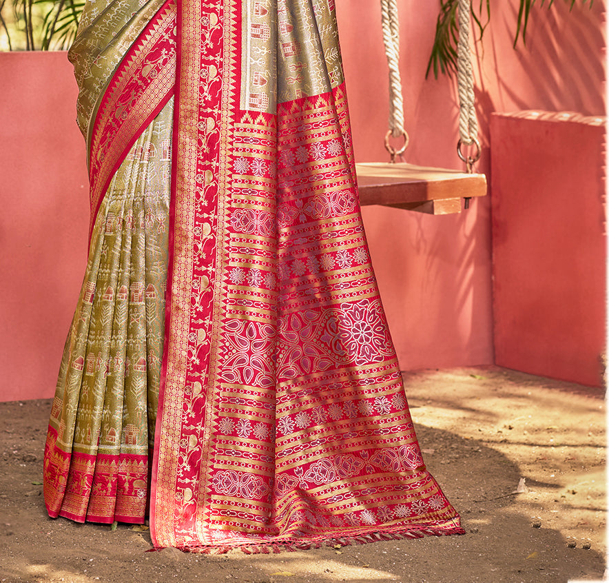 Sangam Prints Olive Green Kanjivaram Silk Woven Work Traditional Saree | Grocsy