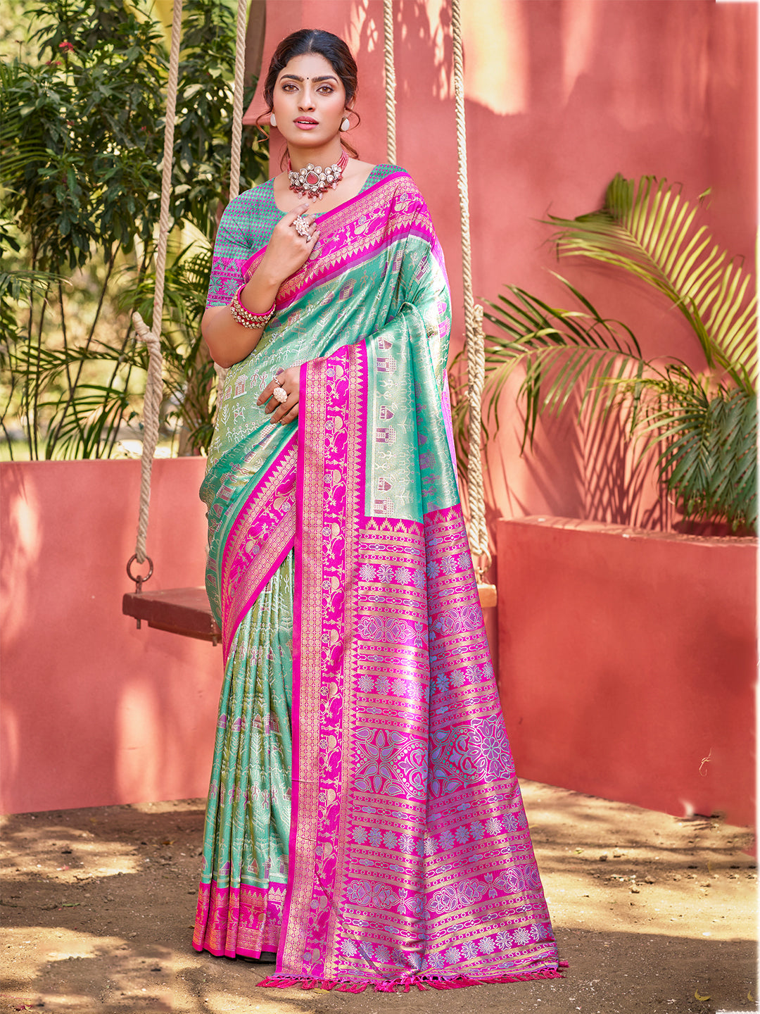 Sangam Prints Sea Green Kanjivaram Silk Woven Work Traditional Saree | Grocsy