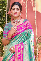 Sangam Prints Sea Green Kanjivaram Silk Woven Work Traditional Saree | Grocsy