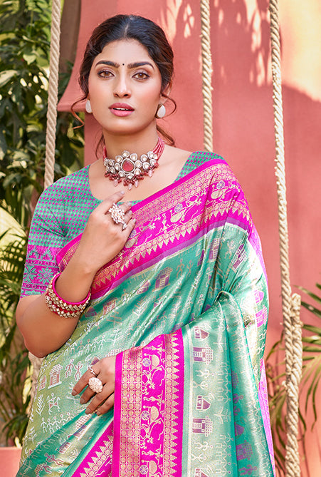 Sangam Prints Sea Green Kanjivaram Silk Woven Work Traditional Saree | Grocsy