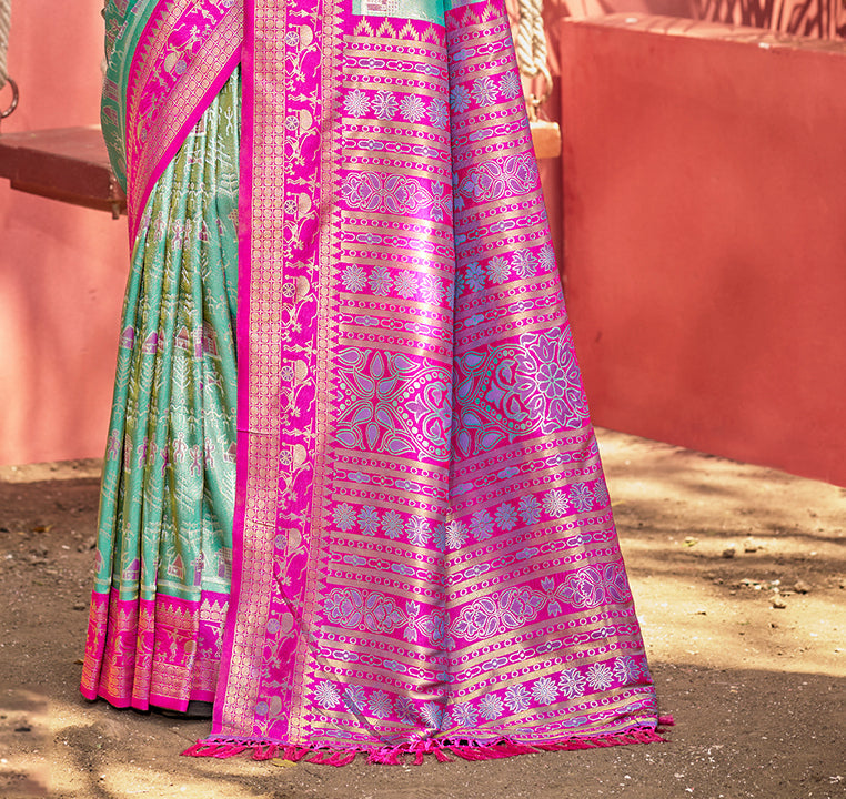 Sangam Prints Sea Green Kanjivaram Silk Woven Work Traditional Saree | Grocsy