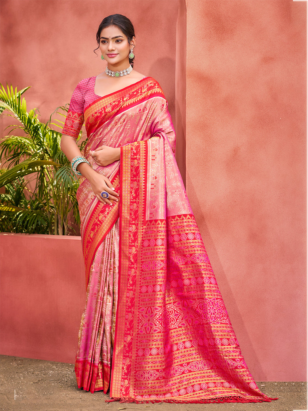 Sangam Prints Pink Kanjivaram Silk Woven Work Traditional Saree | Grocsy