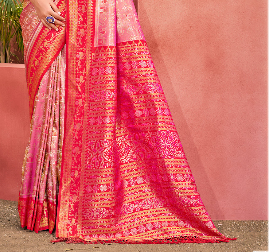 Sangam Prints Pink Kanjivaram Silk Woven Work Traditional Saree | Grocsy