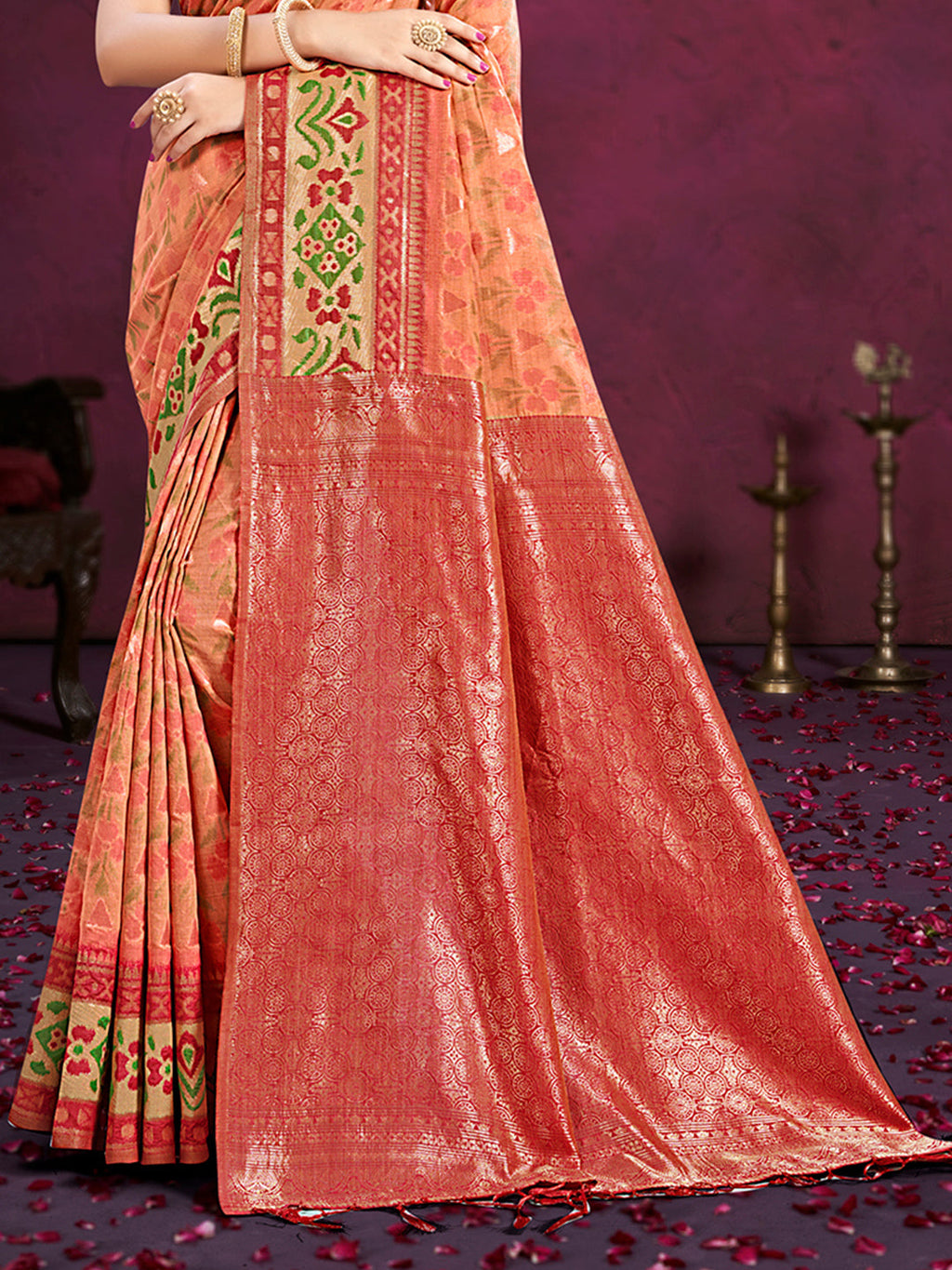 Sangam Prints Dark Peach Cotton Silk With Meena Woven Work Traditional Saree | Grocsy
