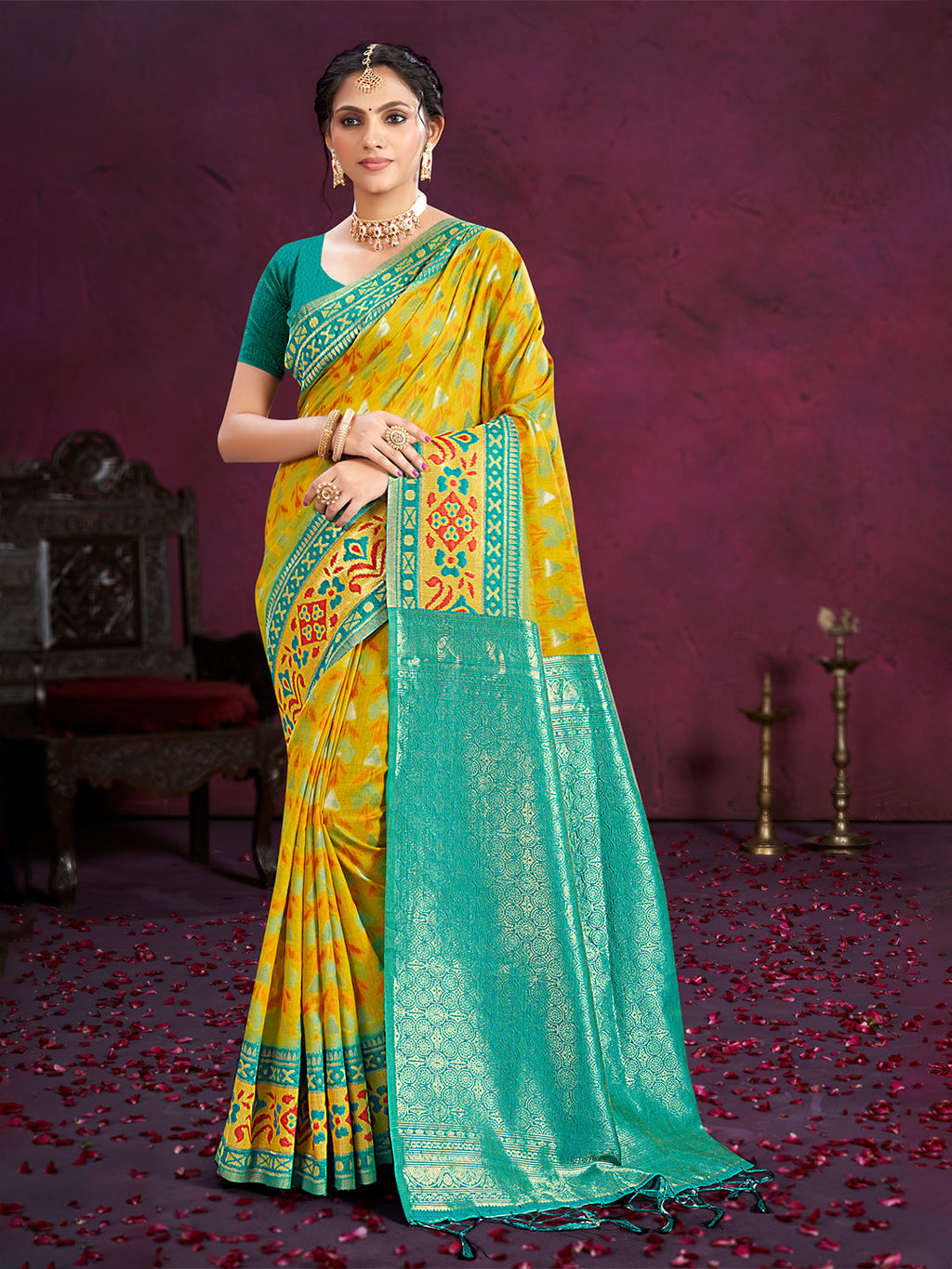 Sangam Prints Yellow Cotton Silk With Meena Woven Work Traditional Saree | Grocsy