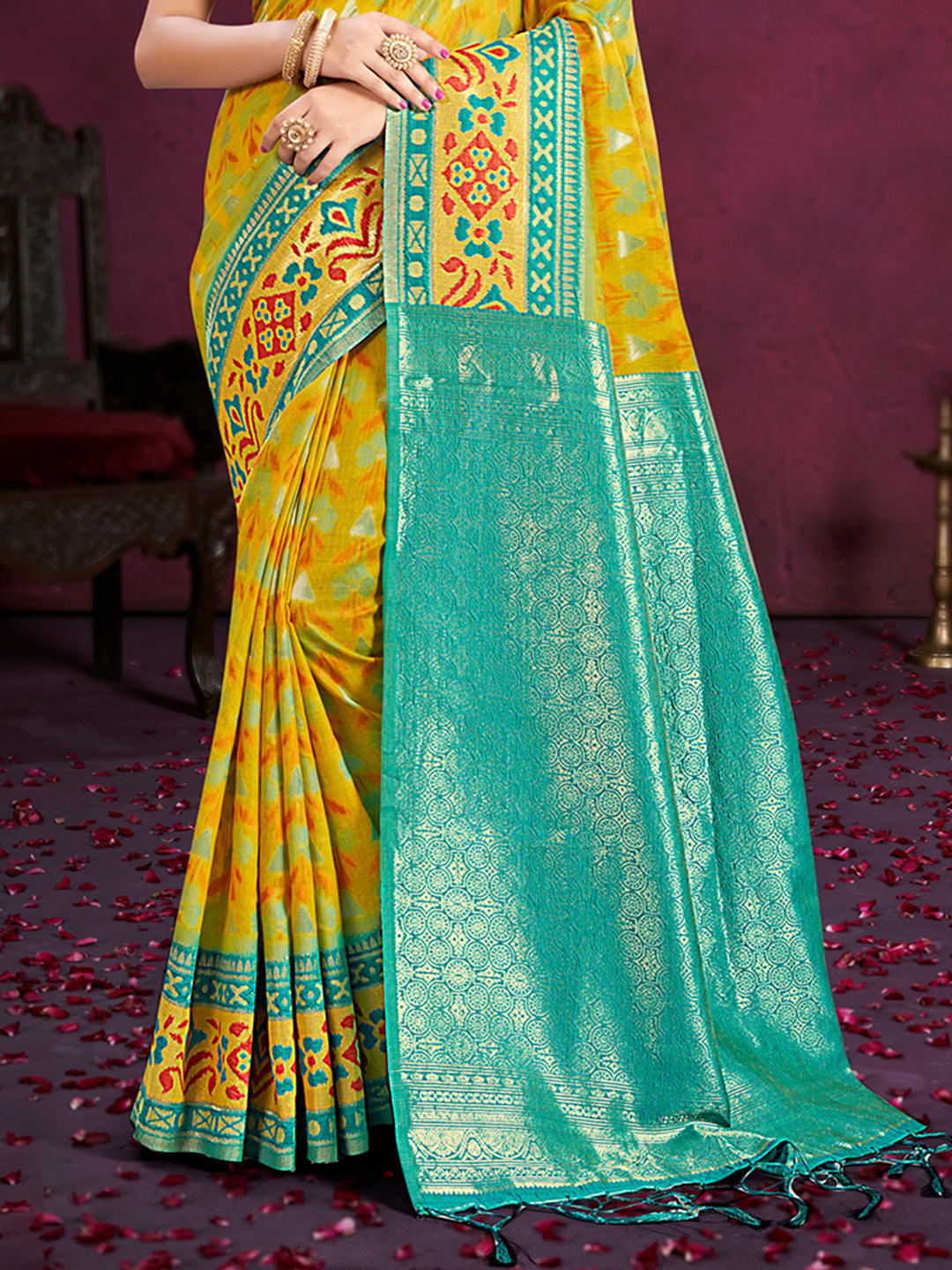 Sangam Prints Yellow Cotton Silk With Meena Woven Work Traditional Saree | Grocsy