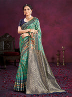 Sangam Prints Teal Green Cotton Silk With Meena Woven Work Traditional Saree | Grocsy
