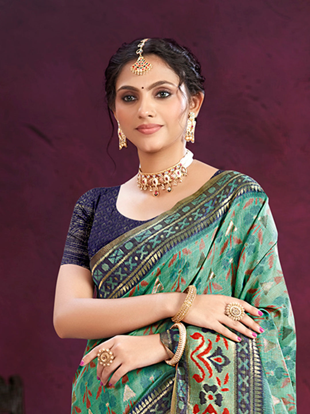 Sangam Prints Teal Green Cotton Silk With Meena Woven Work Traditional Saree | Grocsy