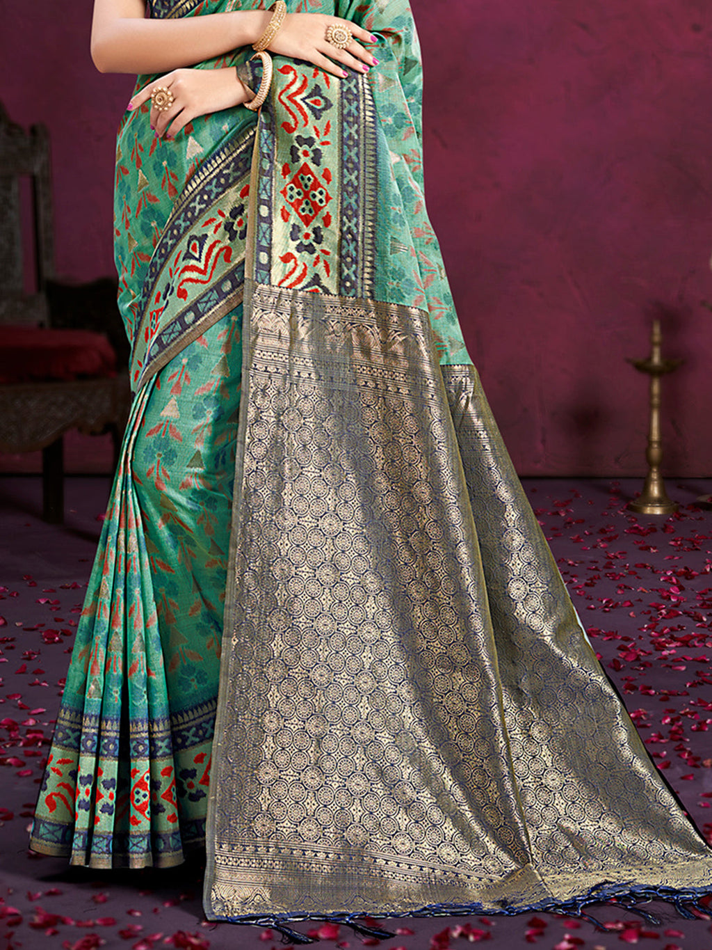 Sangam Prints Teal Green Cotton Silk With Meena Woven Work Traditional Saree | Grocsy
