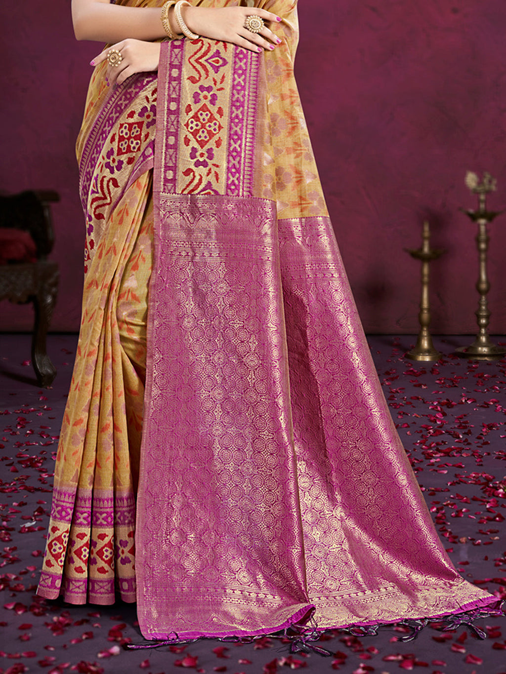 Sangam Prints Beige Cotton Silk With Meena Woven Work Traditional Saree | Grocsy