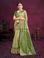 Sangam Prints Light Green Cotton Silk With Meena Woven Work Traditional Saree | Grocsy