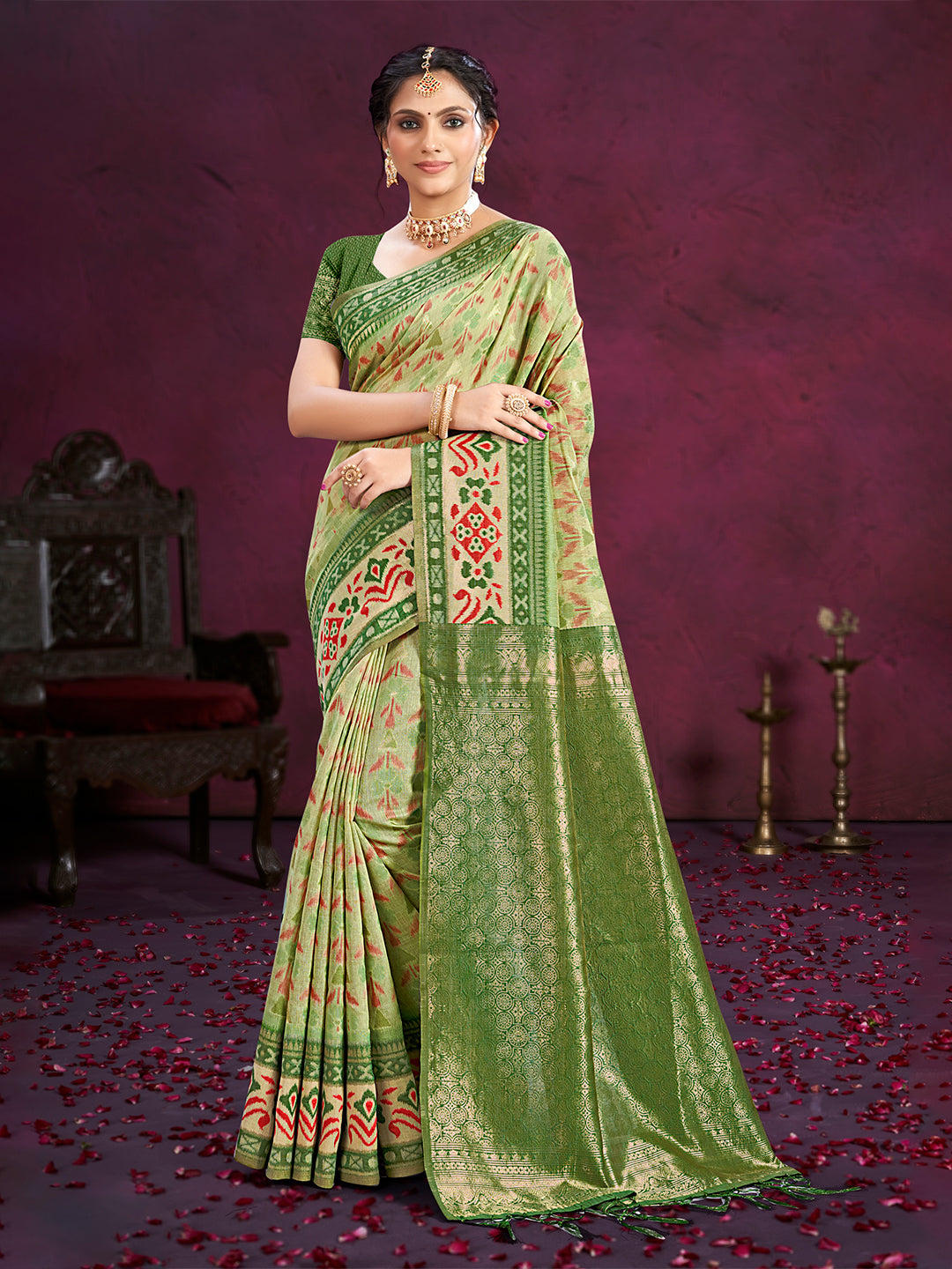 Sangam Prints Light Green Cotton Silk With Meena Woven Work Traditional Saree | Grocsy